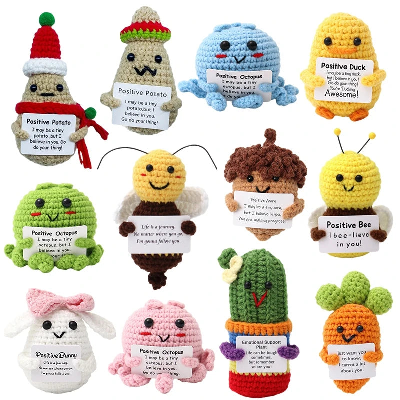 Positive Crochet Doll with Affirmation Card Funny Handmade Creative Gift Ornaments DIY Crochet Kit with Yarn for Birthday